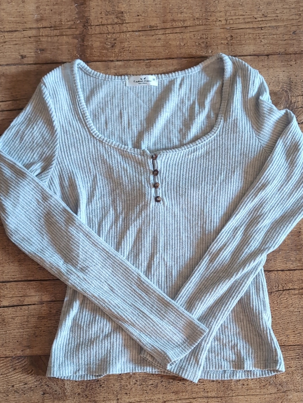 Medium Ribbed Scoop Neck Henley Long Sleeve Top - Light Gray